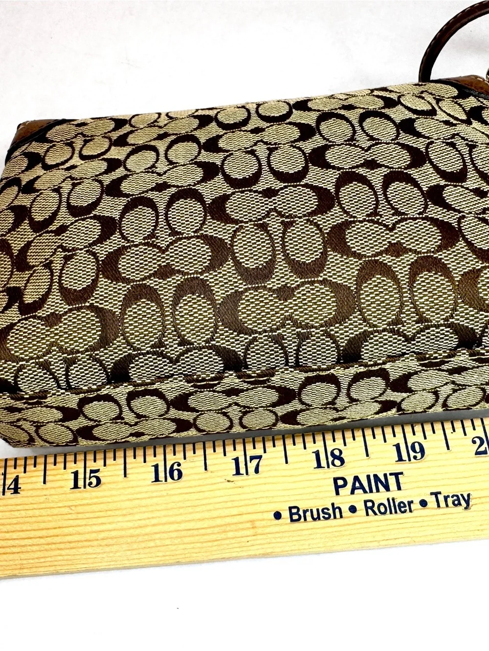 Coach Signature Canvas Turnlock Wristlet Clutch Khaki Brown Leather Trim